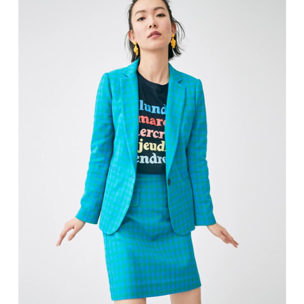 NWT J.Crew Parke Gingham Blazer Skirt Set Size 2 Blue Preppy Academia Professor